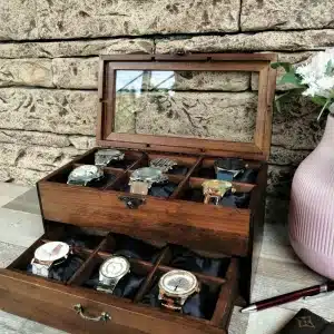 Caja de Relojes de Lujo para 12 Piezas Organizador de Madera Maciza con Dos Niveles y Cajon