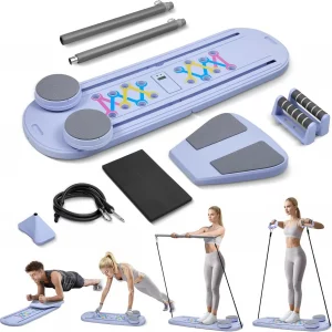 Mini Reformador de Pilates 6 en 1 Plegable con Contador Inteligente y Rebote Automatico, Tabla Multifuncional con Cuerdas de Resistencia para Casa