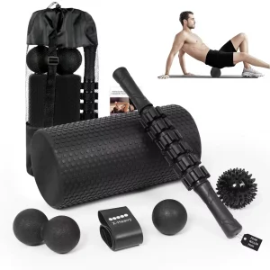 Foam Roller Kit 7-en-1, Kit de Rodillo Masaje Muscular con Rodillos de Espuma 38.5 cm, Roller Stick, Bolas Masaje y Spiky Ball, Kit de Rulo de Estiramiento para Relajacion Muscular