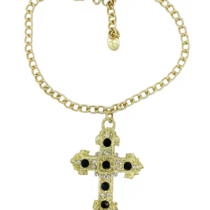 Collar cruz con cristales de sw en negro y cristal sobre dorado