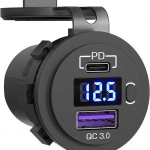Cargador USB C para coche – Enchufe 12V/24V con pantalla LED e interruptor