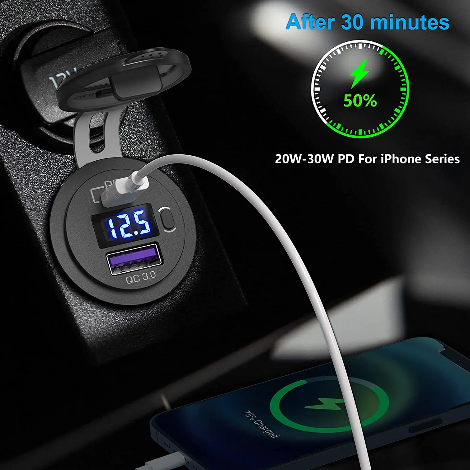 Cargador USB C para coche – Enchufe 12V/24V con pantalla LED e interruptor - Imagen 2